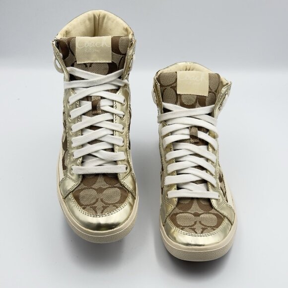 Coach Women's 8 Gold Signature C Logo Monogram High Top Canvas Sneakers - Picture 4 of 13